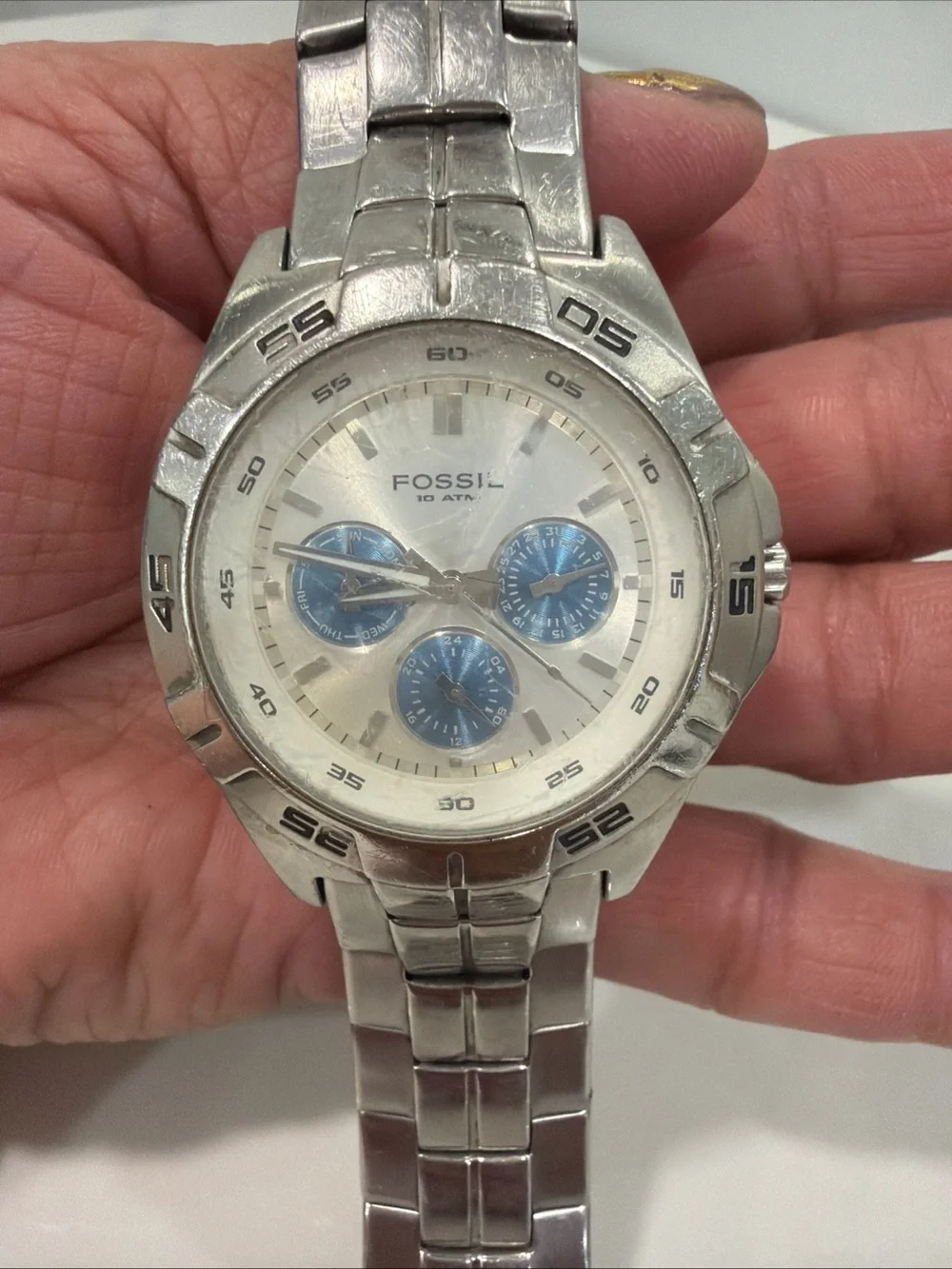 Fossil Men's Silver Stainless Steel Chronograph Watch with Blue Subdials